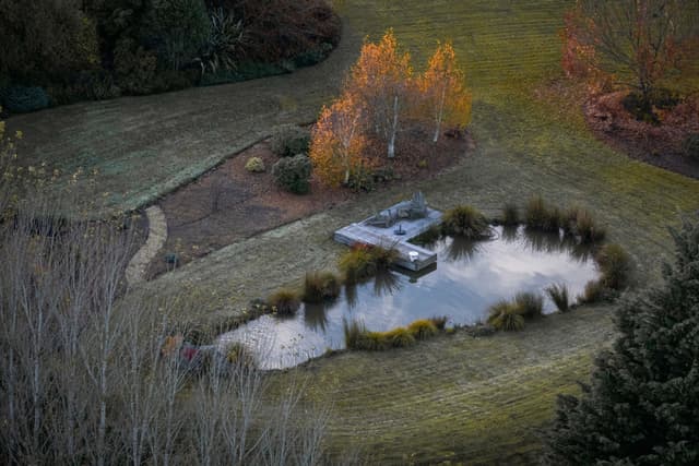 pond reflection trees grass autumn orange green landscape nature water garden pathway shrubs sky blue