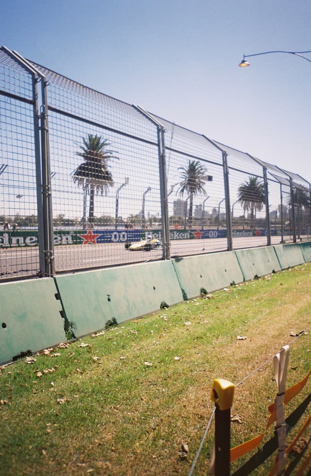 racecar track fence palm trees grass sky blue road barrier sunlight shadow pole lamp post advertising sign leaves pavement
