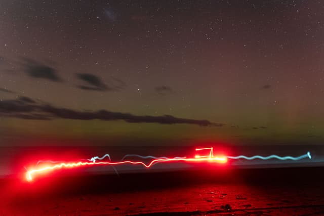 Night Sky Stars Clouds Light Trails Red Blue Green Horizon Long Exposure Landscape Dark Sky Photography