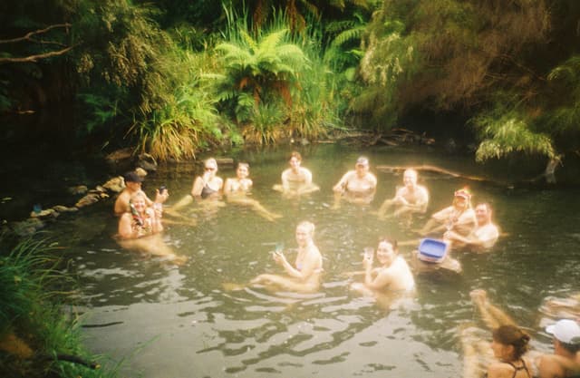 people water pond swimming nature greenery plants trees ferns outdoor group gathering relaxation leisure summer sunlight reflection natural environment forest foliage landscape bathing recreation fun enjoyment vacation travel adventure exploration wilderness scenic peaceful serene tranquil primary green