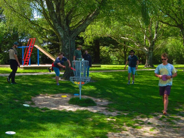 park trees grass people disc golf basket frisbee playground slide sunlight shadow green red blue brown black white casual clothing outdoors recreation leisure activity