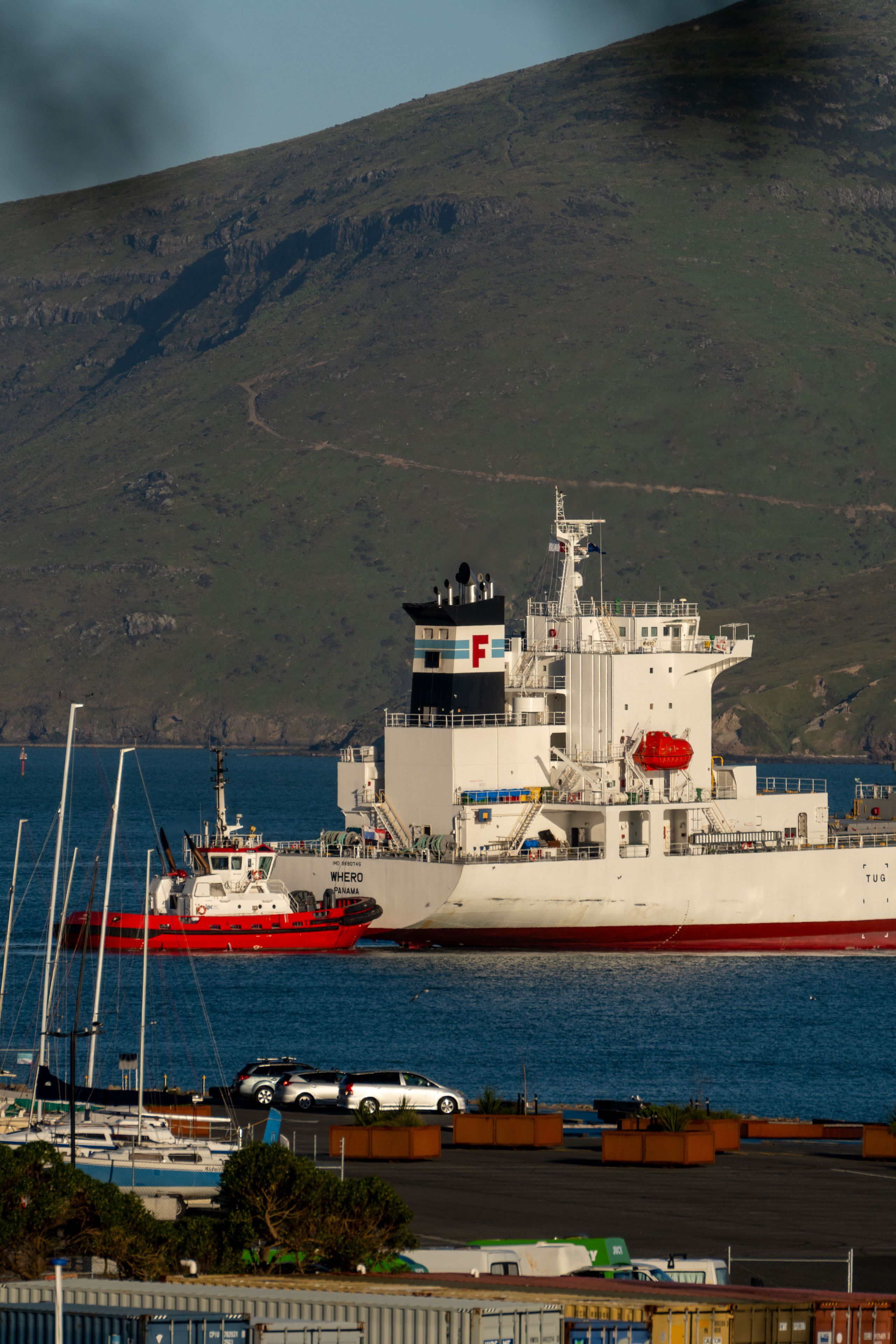 Ship Boat Tugboat Harbor Water Sea Ocean Mountain Hill Sky Blue White Red Dock Pier Coastline Landscape Vessel