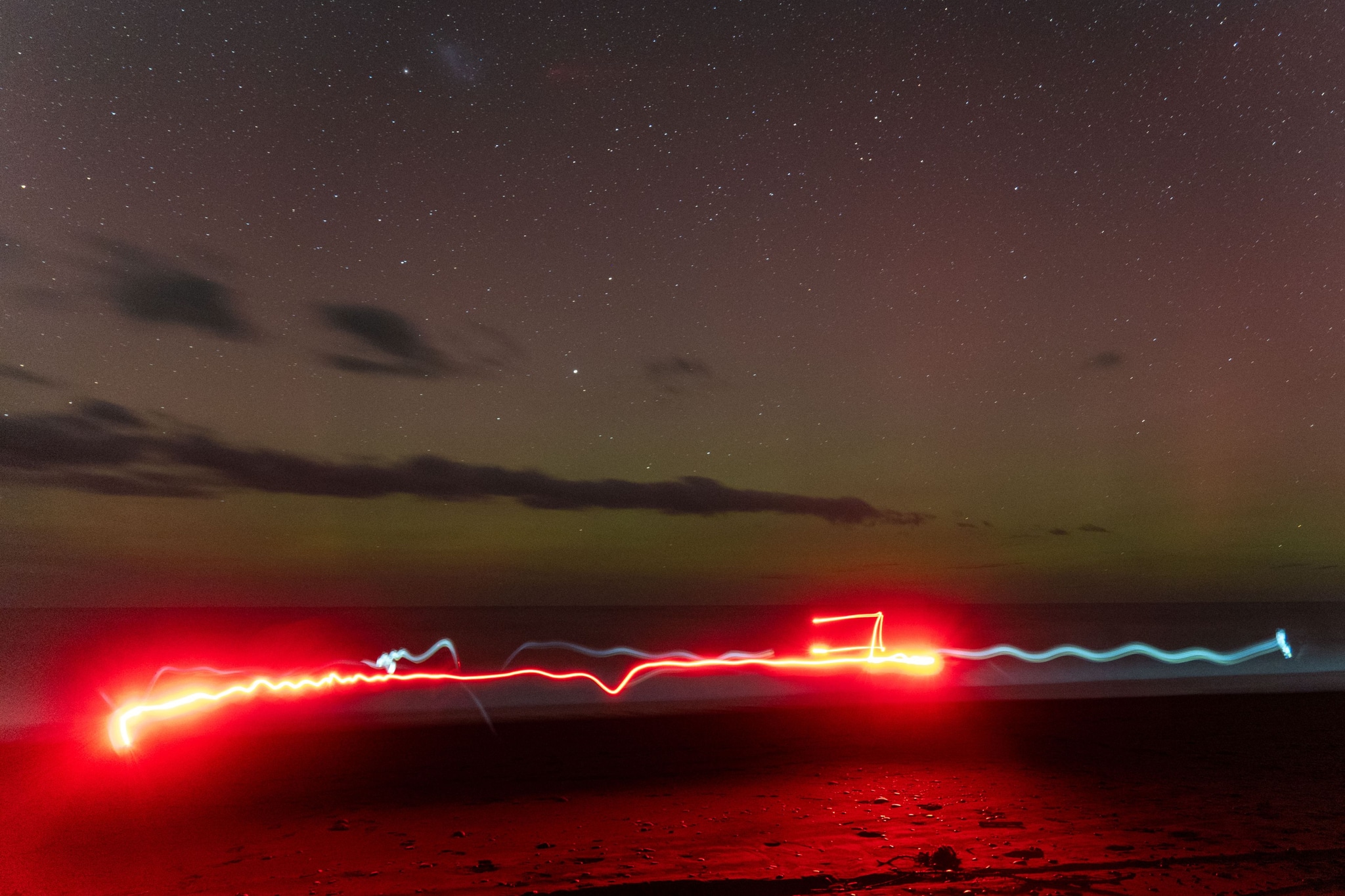 Night Sky Stars Clouds Light Trails Red Blue Green Horizon Long Exposure Landscape Dark Sky Photography