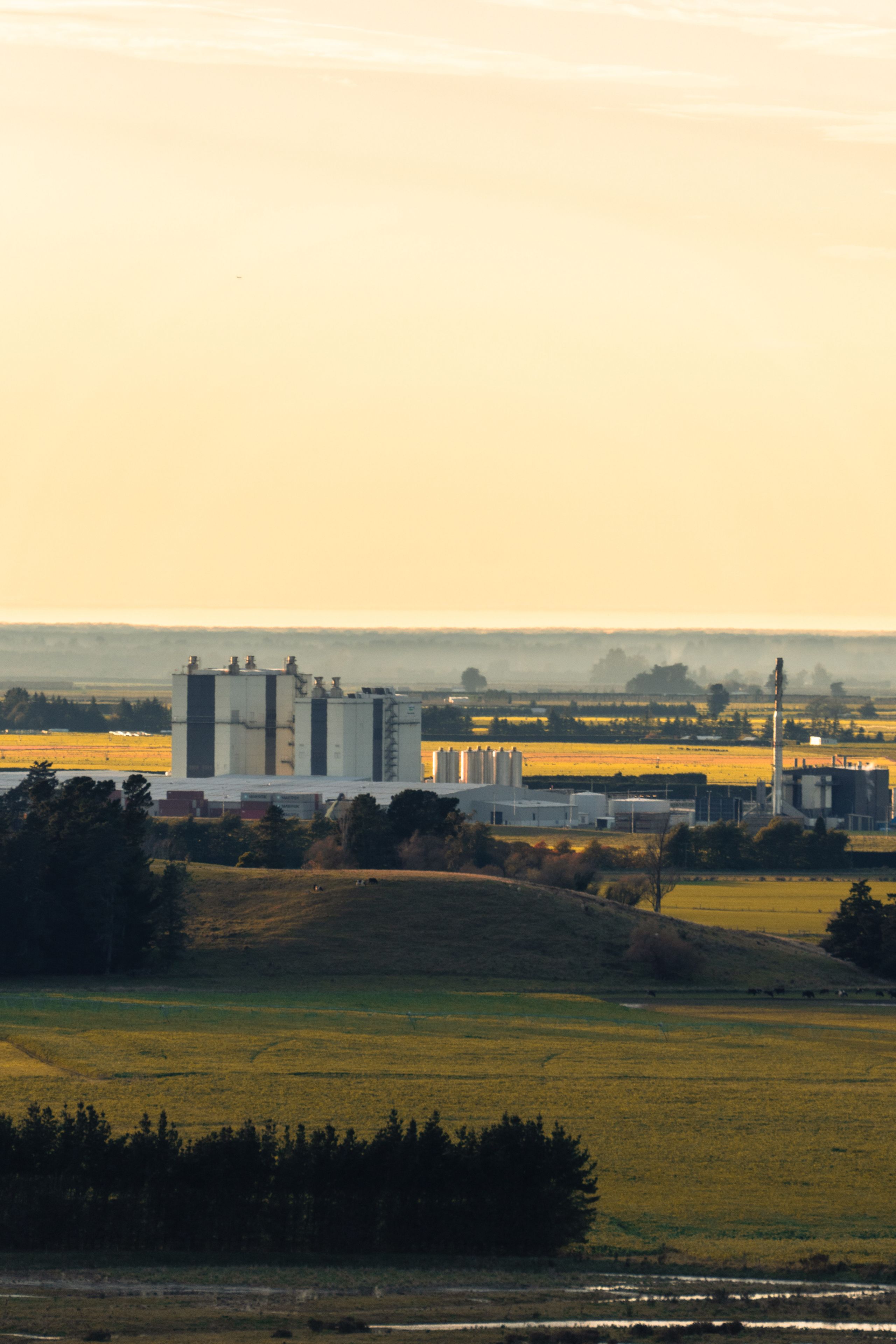 landscape fields buildings trees horizon sky yellow green industrial rural agriculture silos factory farm grassland countryside nature outdoors distant structures skyline farmland scenery panoramic vista open space tranquility peaceful serene expansive vast wide flat plain pastoral environment natural beauty sunlight daylight atmospheric calm quiet remote isolated uninhabited