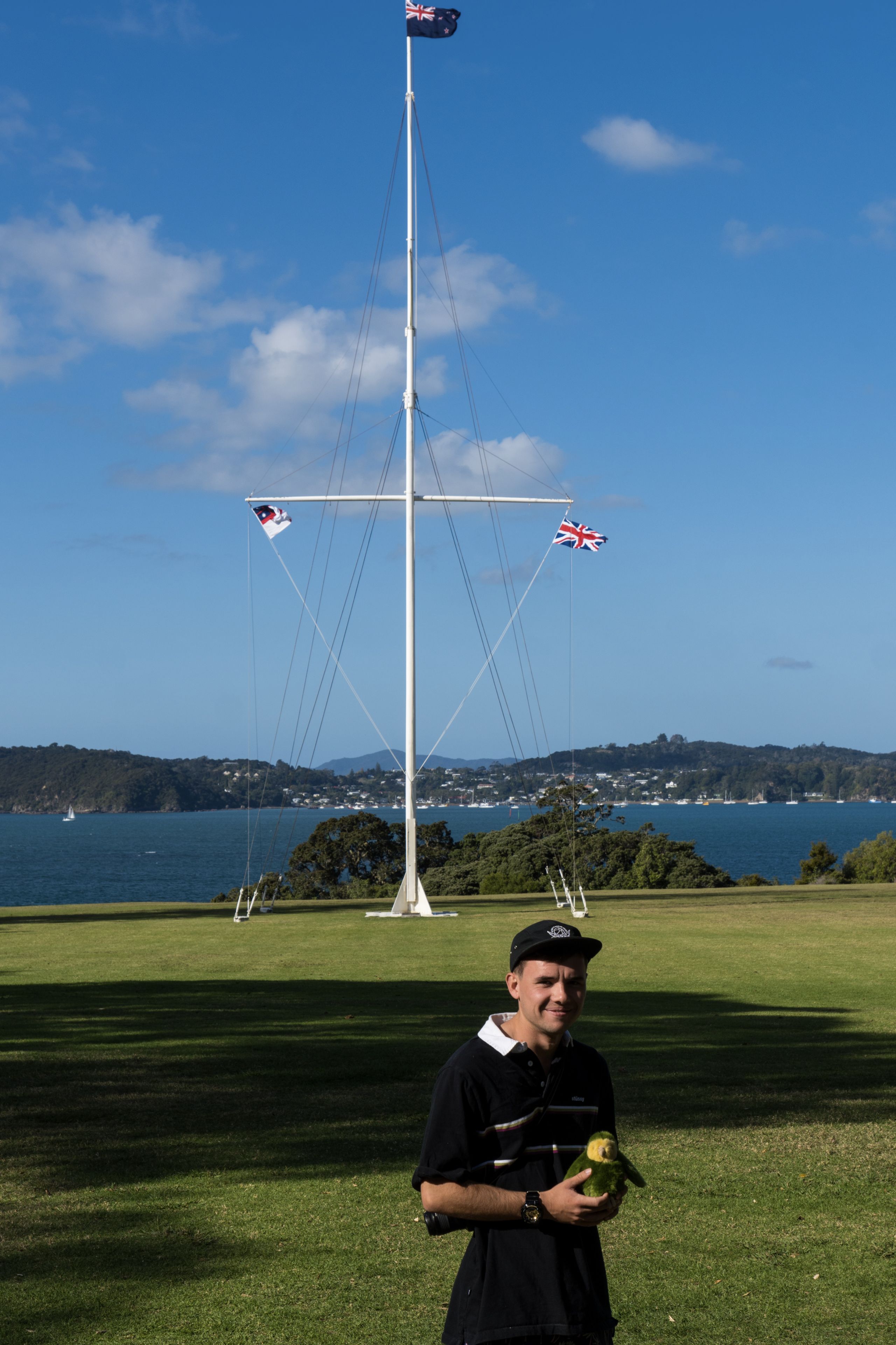 A person holding a bird stands on a grassy area with a tall flagpole in the background, overlooking a body of water and distant hills